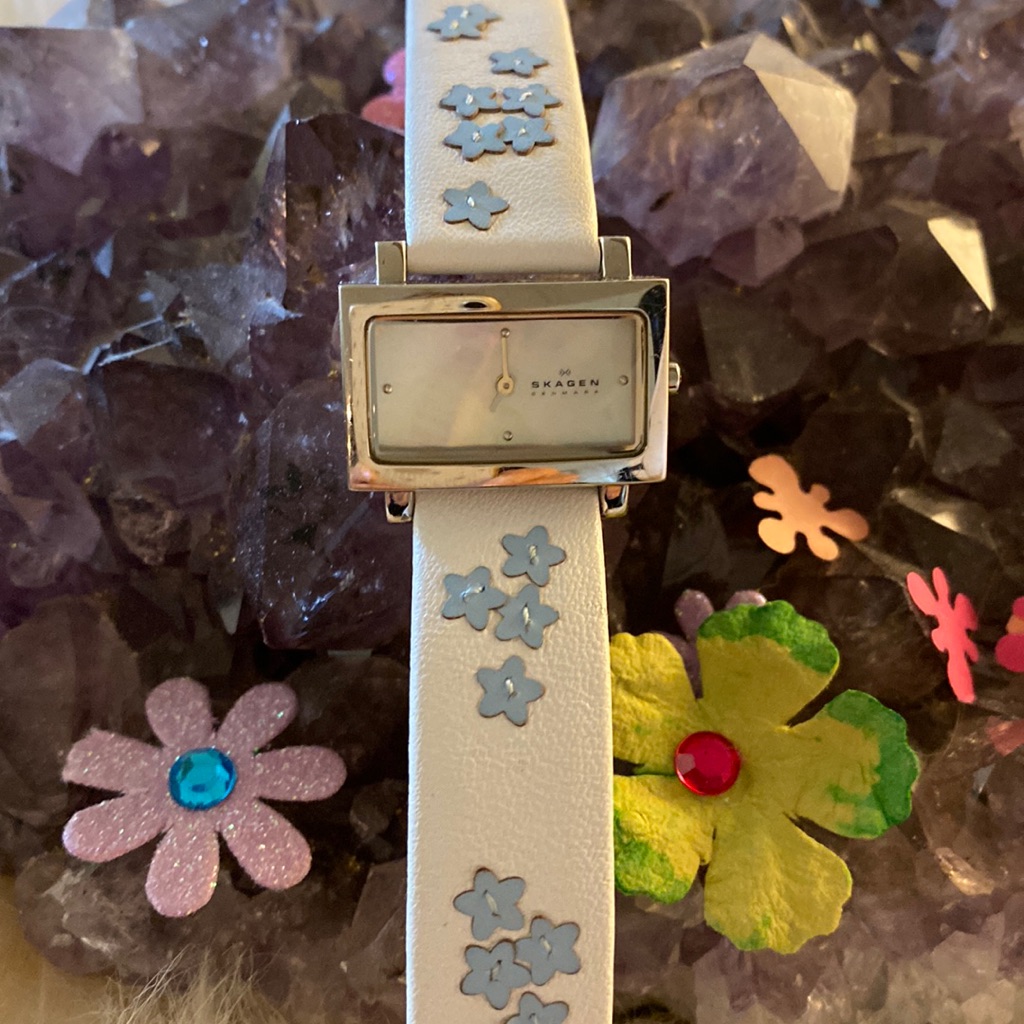 Ladies Skagen Silver Tone Rectangular Bezel Shaped Face With Pearlized Face 20$